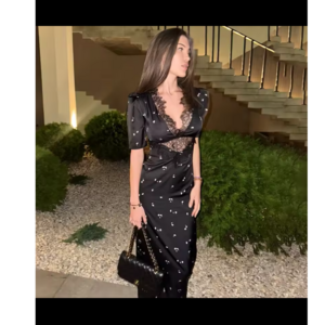 Revolve Black Lace Printed Dress Women Fashion V-neck Short Sleeves Waist-tight